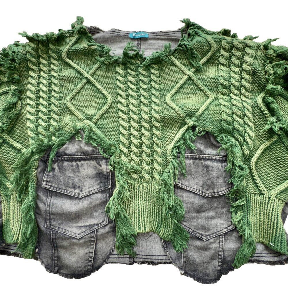 Upcycled Green Knit & Denim Destroyed Sweater – Statement Piece NWT - Picture 9 of 16